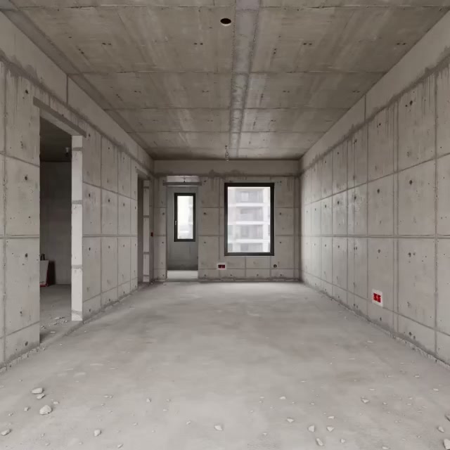 A bare concrete shell being fitted out into a finished interior.